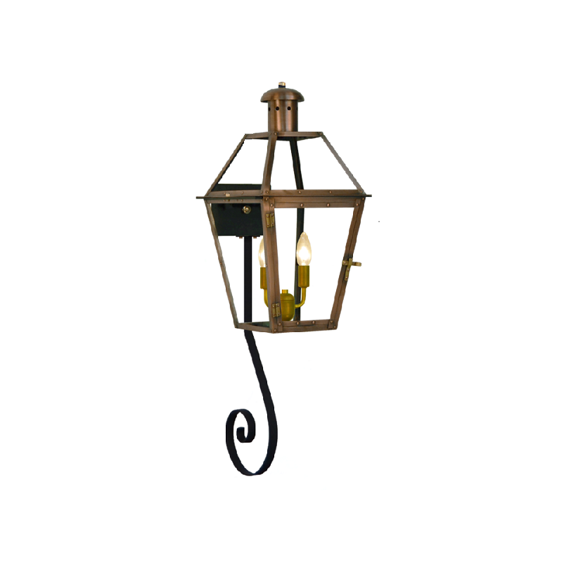 Georgetown Gas or Electric Copper Lantern on Wall Mount with Top and Bottom  Scrolls